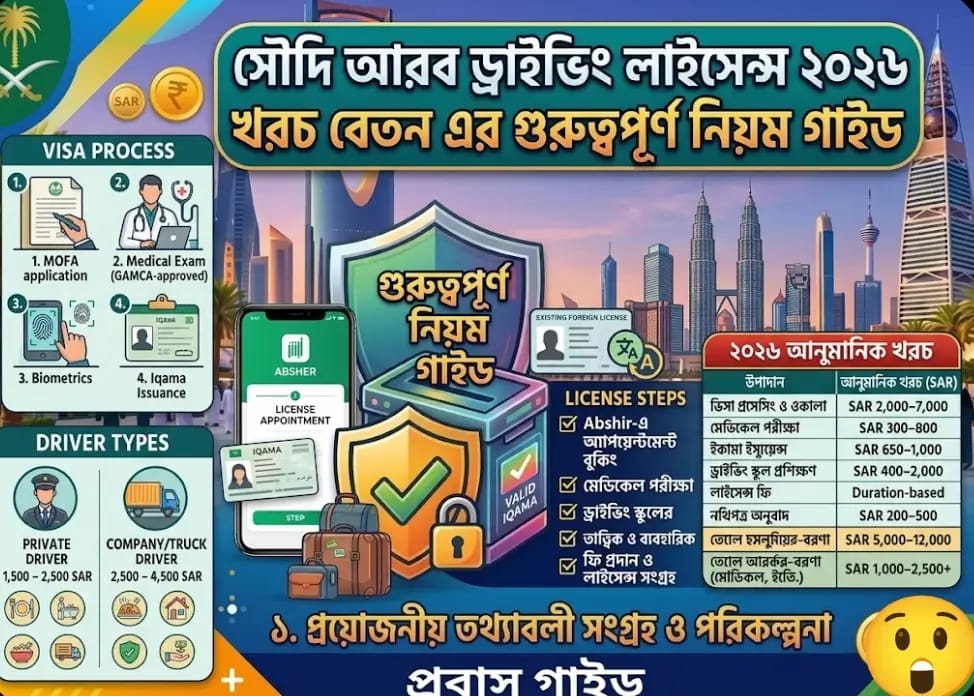 সৌদি আরব ড্রাইভিং ভিসা ২০২৬: ভিসা খরচ, বেতন এবং গুরুত্বপূর্ণ নিয়মাবলি সৌদি আরব গাড়ি চালানো
