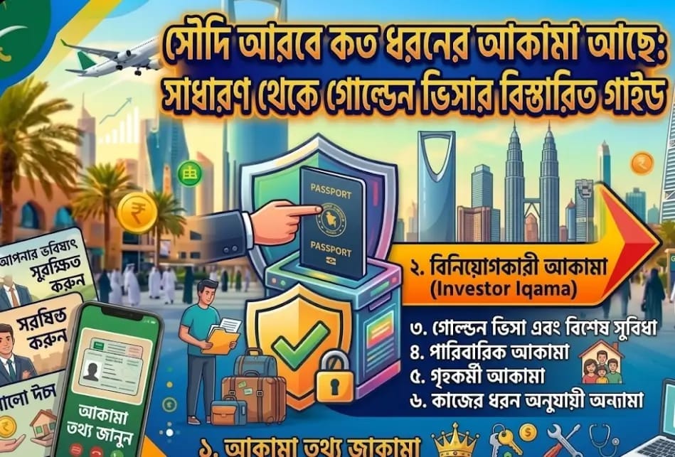 সৌদি আরবে কত ধরনের আকামা (Iqama) আছে? সাধারণ আকামা থেকে প্রিমিয়াম রেসিডেন্সি বা গোল্ডেন ভিসার বিস্তারিত গাইড ২০২৬ সৌদি আরব প্রিমিয়াম আকামা