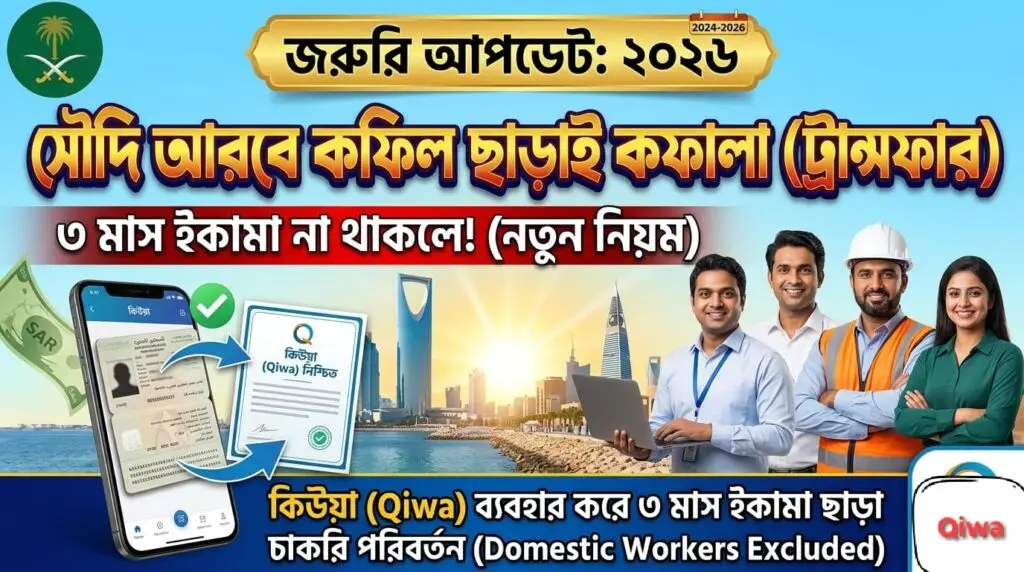 সৌদি আরবে ৩ মাস ইকামা না থাকলে কফিল ছাড়াই কফালা হওয়ার নতুন নিয়ম ২০২৬ সৌদি আরবে ৩ মাস ইকামা না থাকলে কফিল ছাড়াই কফালা