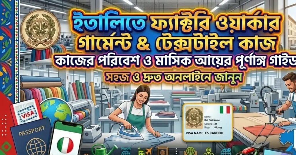 ইতালিতে ফ্যাক্টরি ওয়ার্কার গার্মেন্টস ও টেক্সটাইল কাজের পরিবেশ ও মাসিক আয়ের পূর্ণাঙ্গ গাইড ইতালিতে গার্মেন্টস চাকরি, ইতালি টেক্সটাইল ফ্যাক্টরি জব, ইতালিতে কাজের ভিসা, ইতালি ফ্যাক্টরি ওয়ার্কার বেতন, ইতালিতে বাংলাদেশিদের কাজের সুযোগ, ইতালিতে কাজের পরিবেশ, ইতালি সিজনাল ভিসা