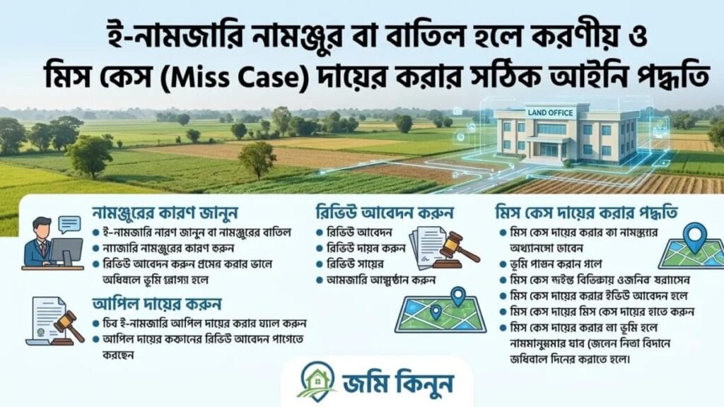 ই-নামজারি নামঞ্জুর বা বাতিল হলে করণীয় ও মিস কেস (Miss Case) দায়ের করার সঠিক আইনি পদ্ধতি ই-নামজারি নামঞ্জুর বা বাতিল হলে করণীয় ও মিস কেস (Miss Case) দায়ের করার সঠিক আইনি পদ্ধতি