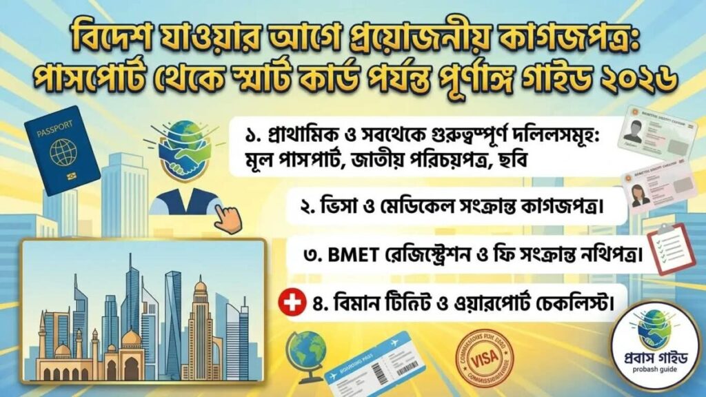 বিদেশ যাওয়ার আগে প্রয়োজনীয় কাগজপত্র: পাসপোর্ট থেকে স্মার্ট কার্ড পর্যন্ত পূর্ণাঙ্গ গাইড ২০২৬ বিদেশ যাওয়ার আগে প্রয়োজনীয় কাগজপত্র: পাসপোর্ট থেকে স্মার্ট কার্ড পর্যন্ত পূর্ণাঙ্গ গাইড ২০২৬